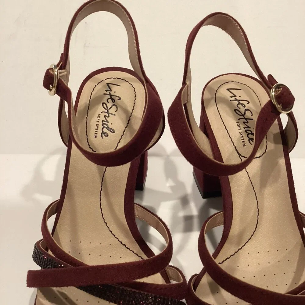 Life Stride Burgundy Belle Strappy Heeled Sandals Size 8W New